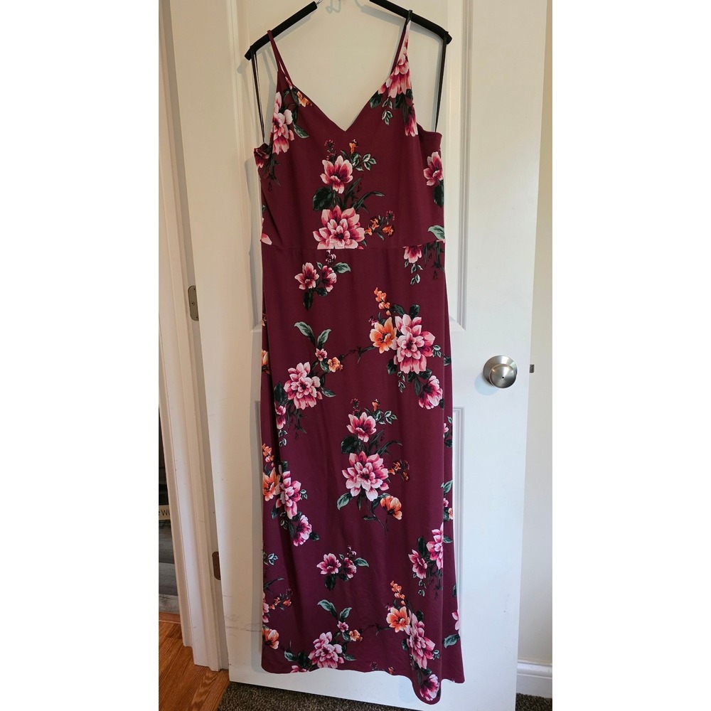 Burgundy Bohemian Romantic Casual Cozy Floral Maxi Dress V-Neck Strappy Back XXL